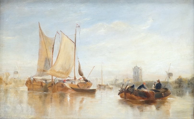Late 19th century, oil on canvas, Shipping scene with figures, unsigned, 29 x 45cm, gilt frame